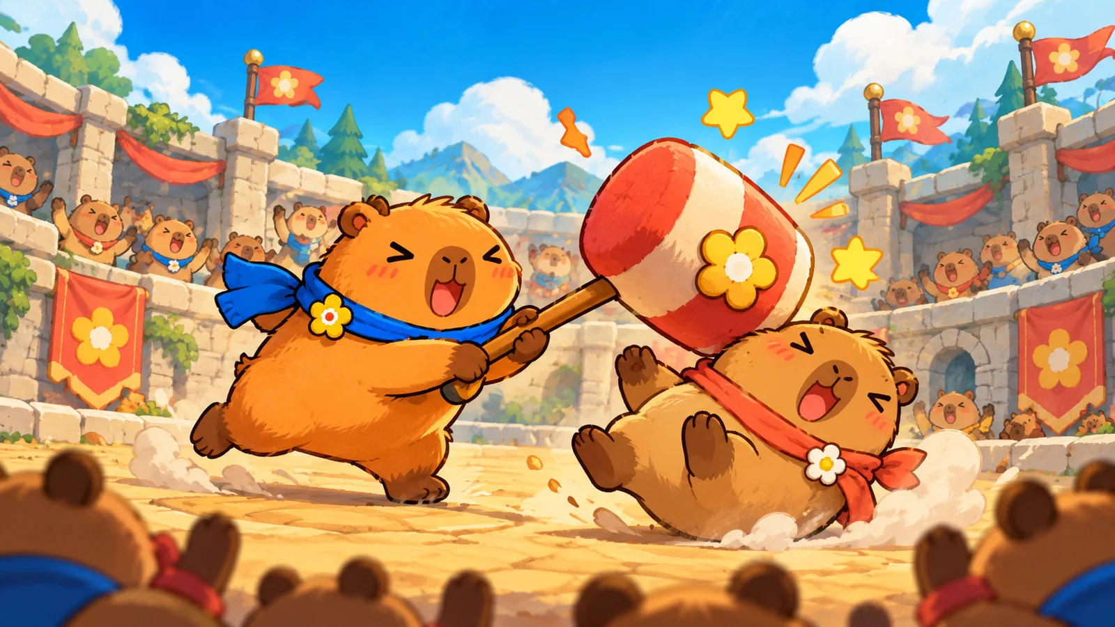 Dada vui vẻ chơi bonk bằng búa xốp trong đấu trường capybara